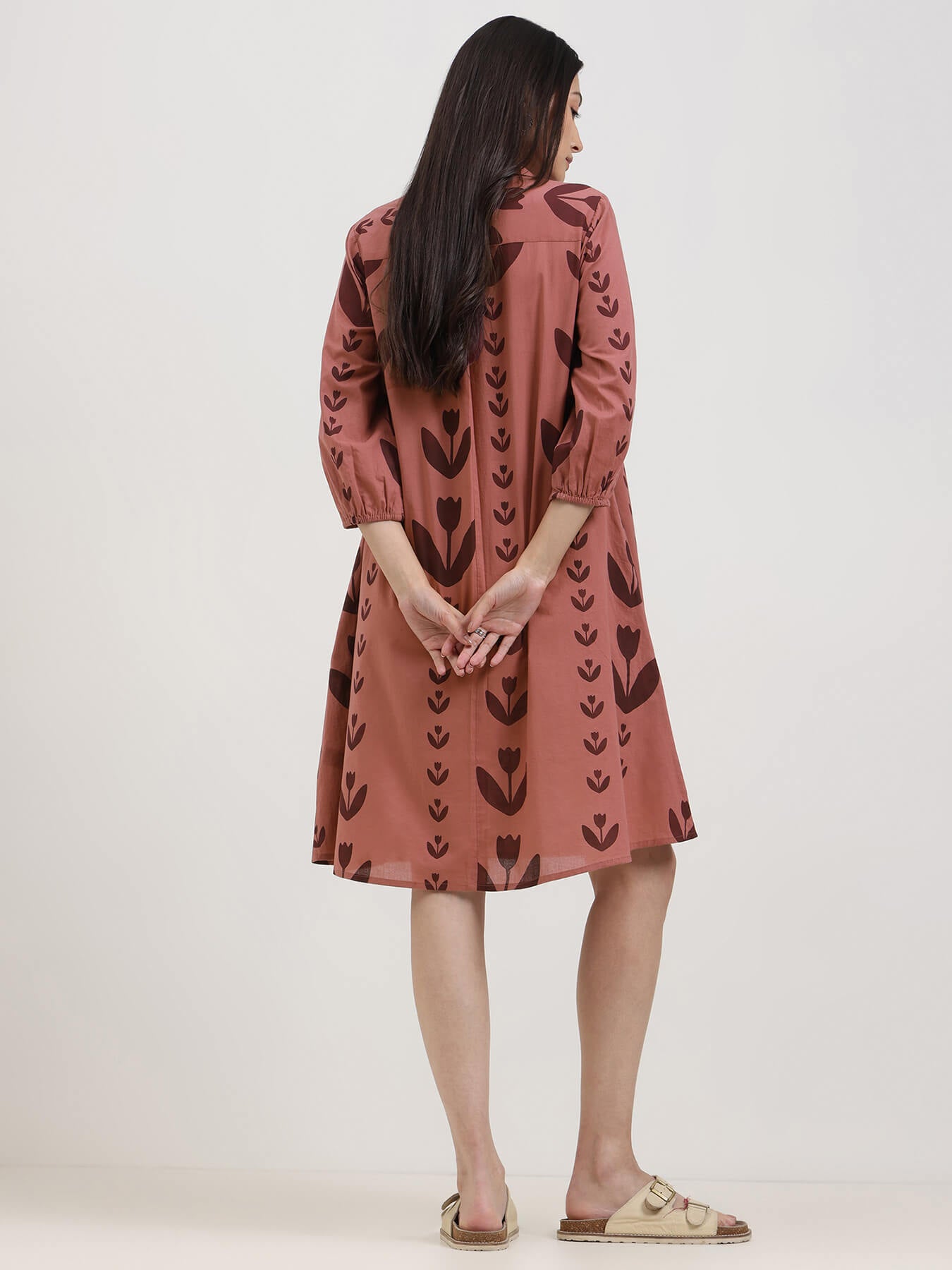 Cotton Floral A-Line Shirt Dress - Burgundy