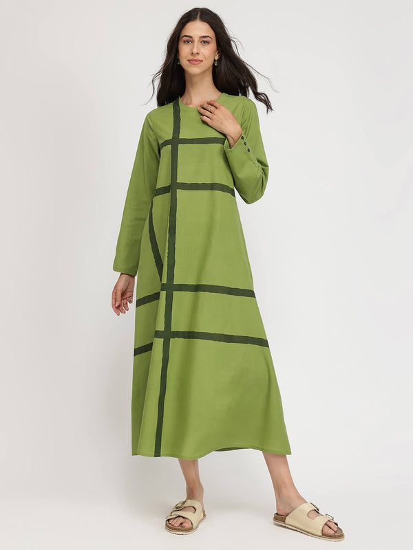Cotton Geometric A-line Dress  - Green