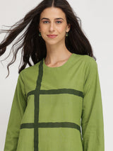 Cotton Geometric A-line Dress  - Green