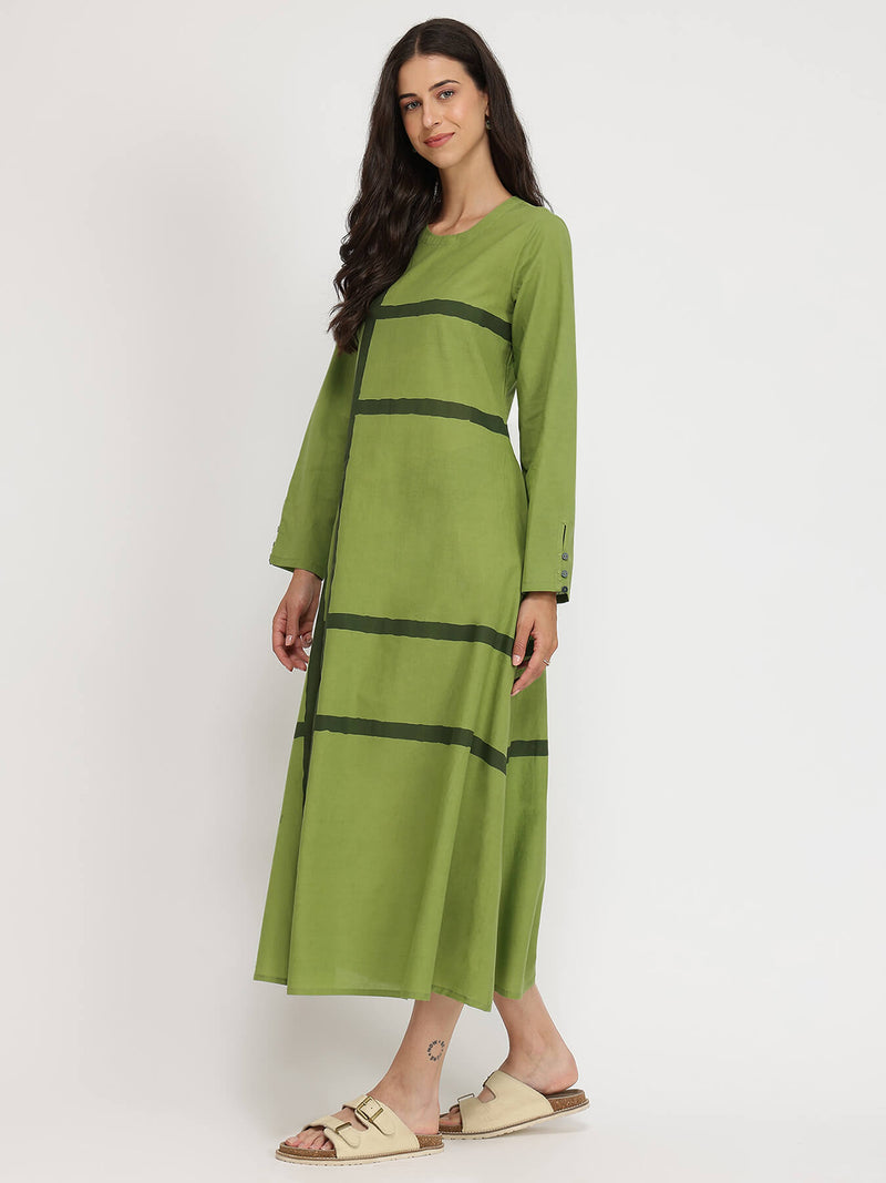 Cotton Geometric A-line Dress  - Green