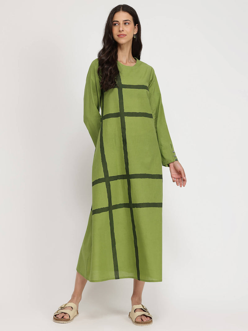 Cotton Geometric A-line Dress  - Green