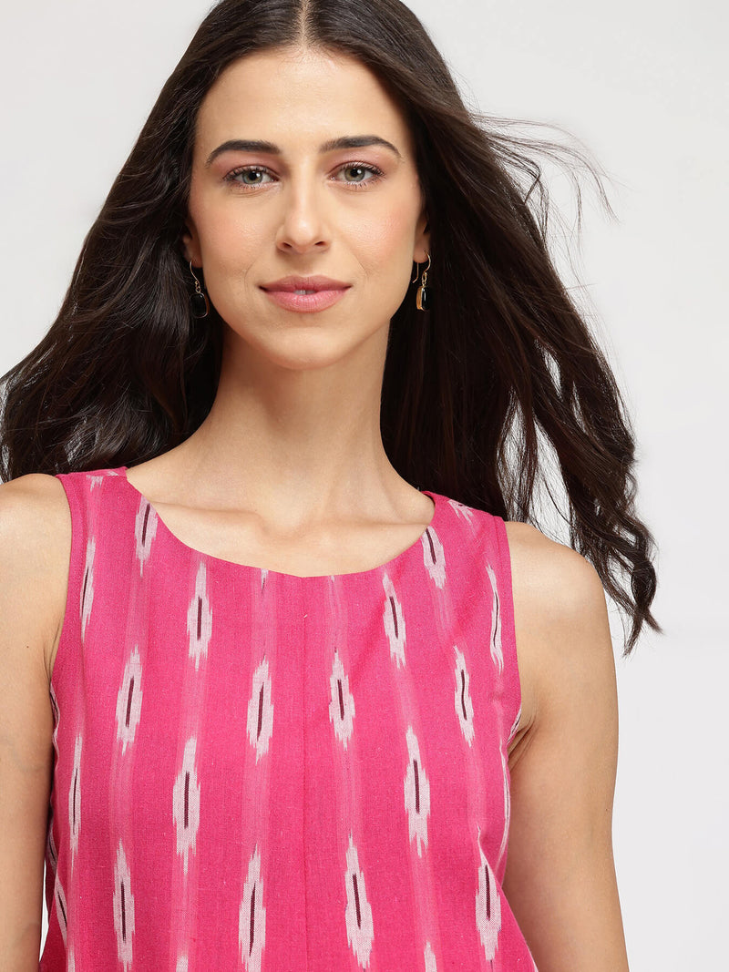 Cotton Ikat A-Line Dress - Pink