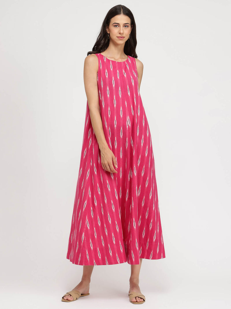 Cotton Ikat A-Line Dress - Pink