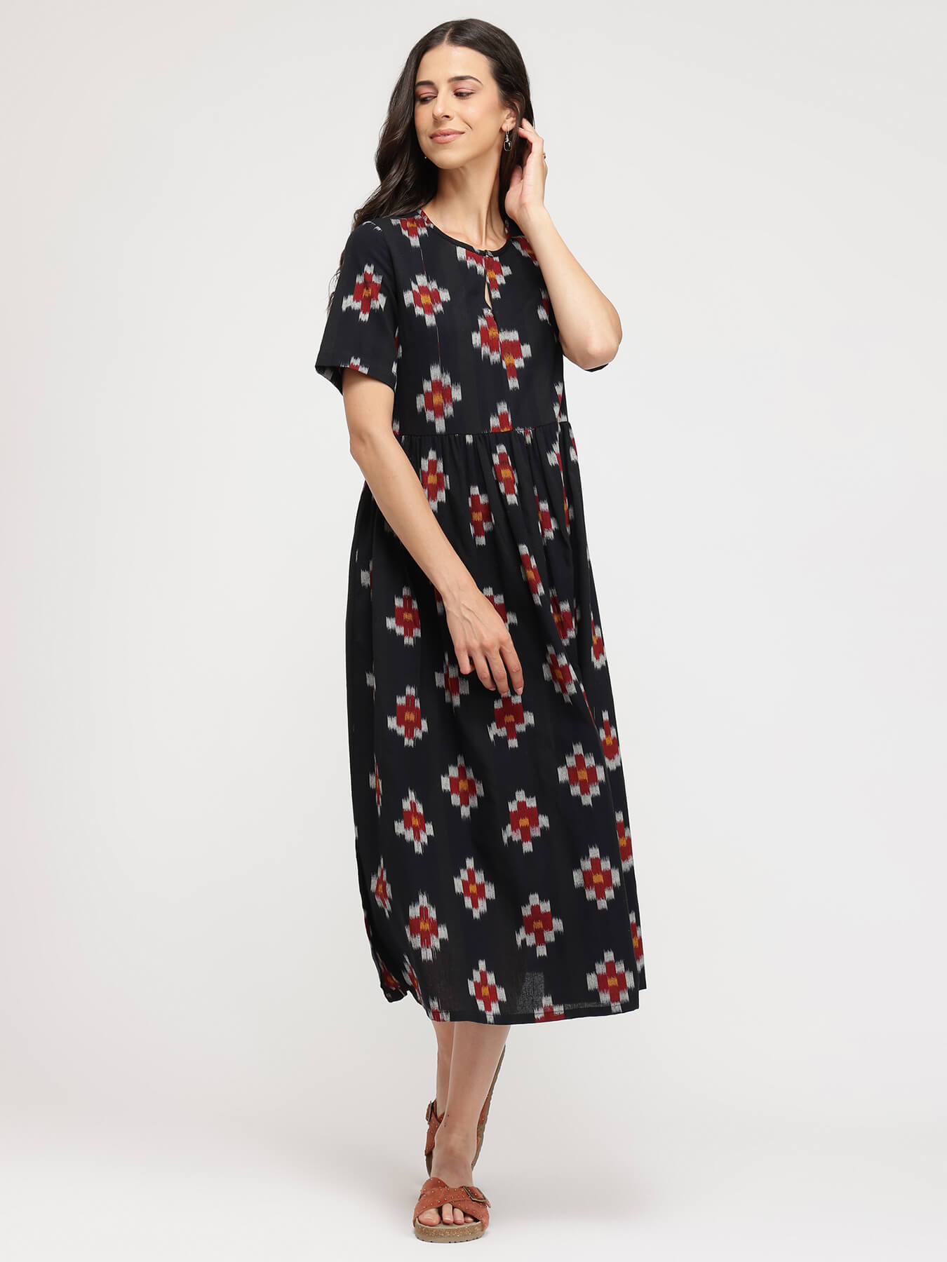 Cotton Ikat Fit & Flare Dress - Black