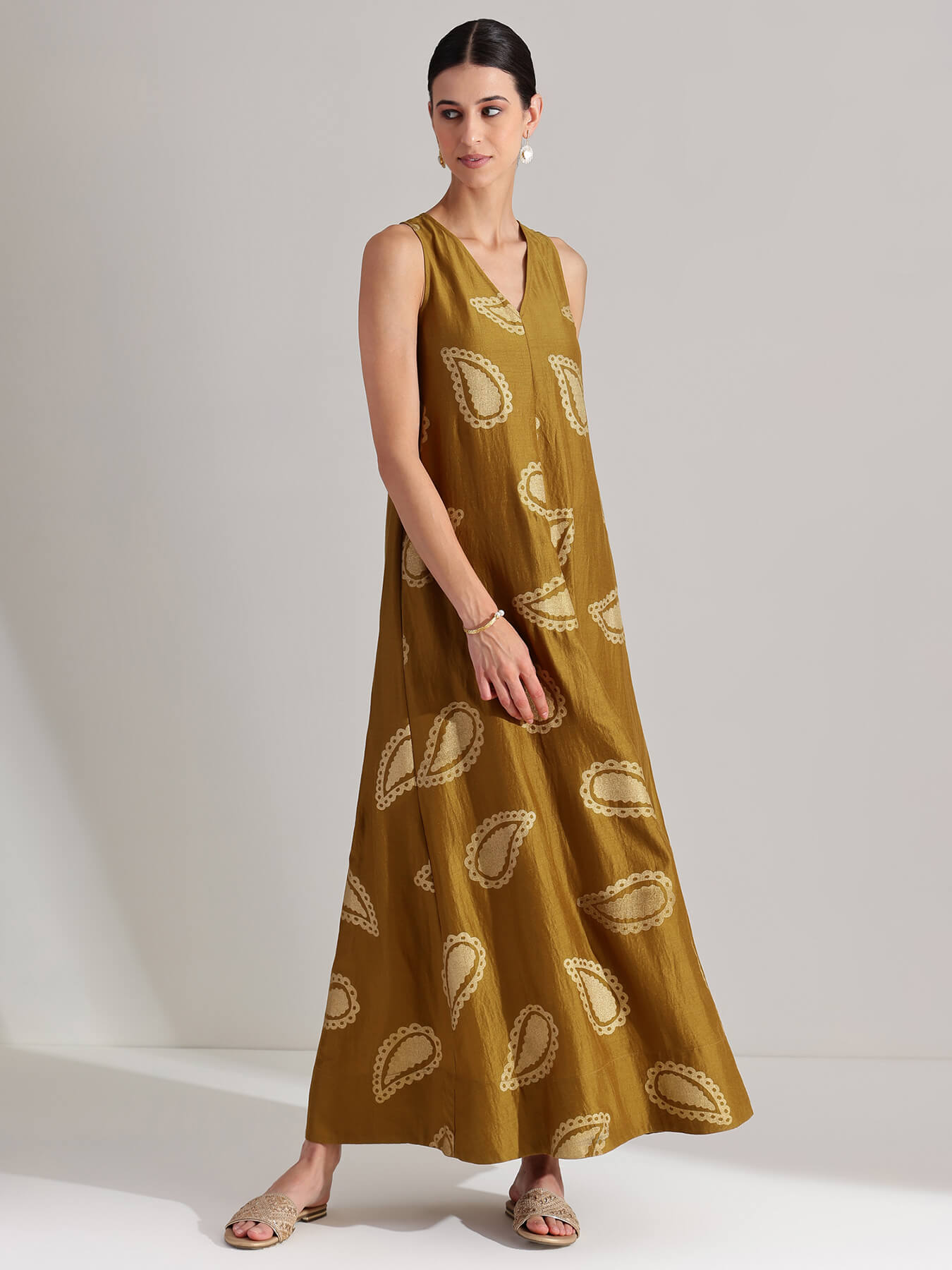 Silk Blend Paisley Print Maxi Dress - Mustard