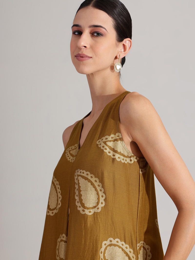 Silk Blend Paisley Print Maxi Dress - Mustard