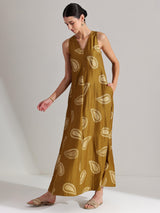 Silk Blend Paisley Print Maxi Dress - Mustard