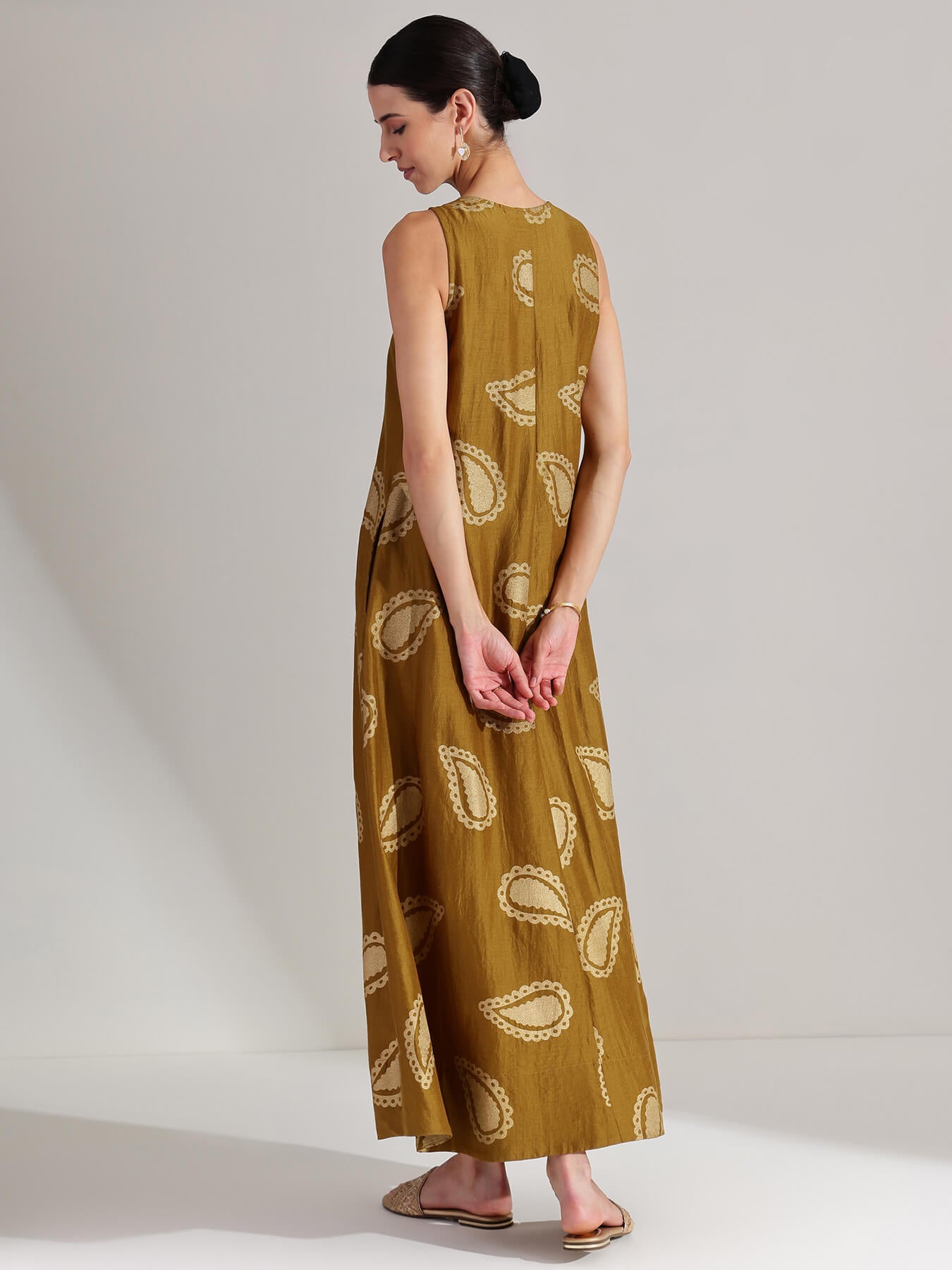Silk Blend Paisley Print Maxi Dress - Mustard
