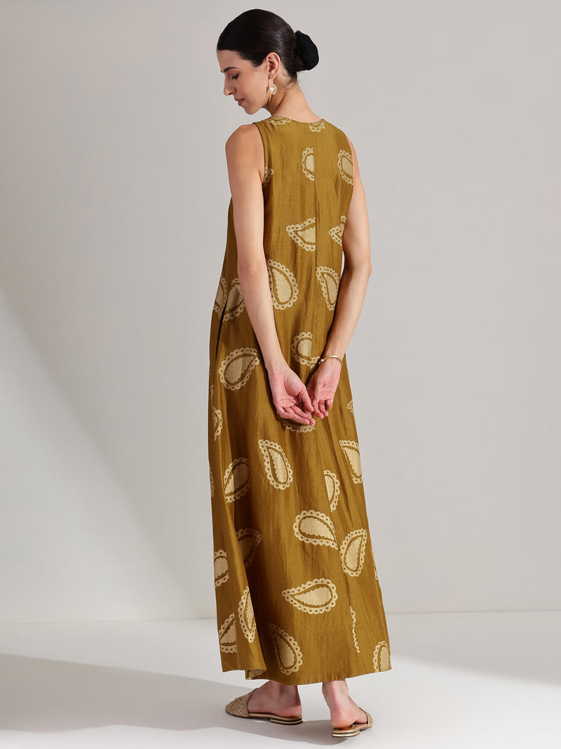 Silk Blend Paisley Print Maxi Dress - Mustard