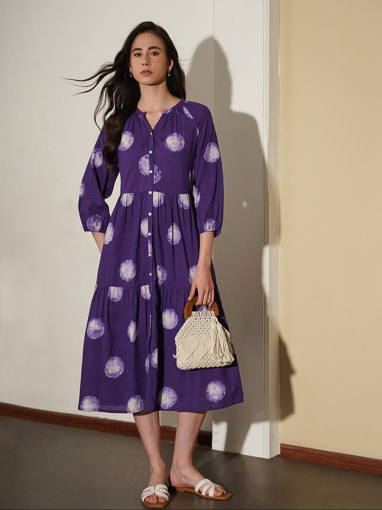 Cotton Dabu Polka Dress - Purple