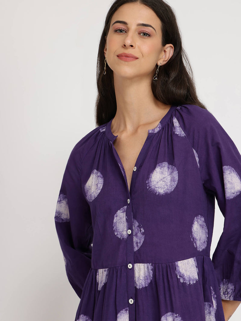 Cotton Dabu Polka Dress - Purple
