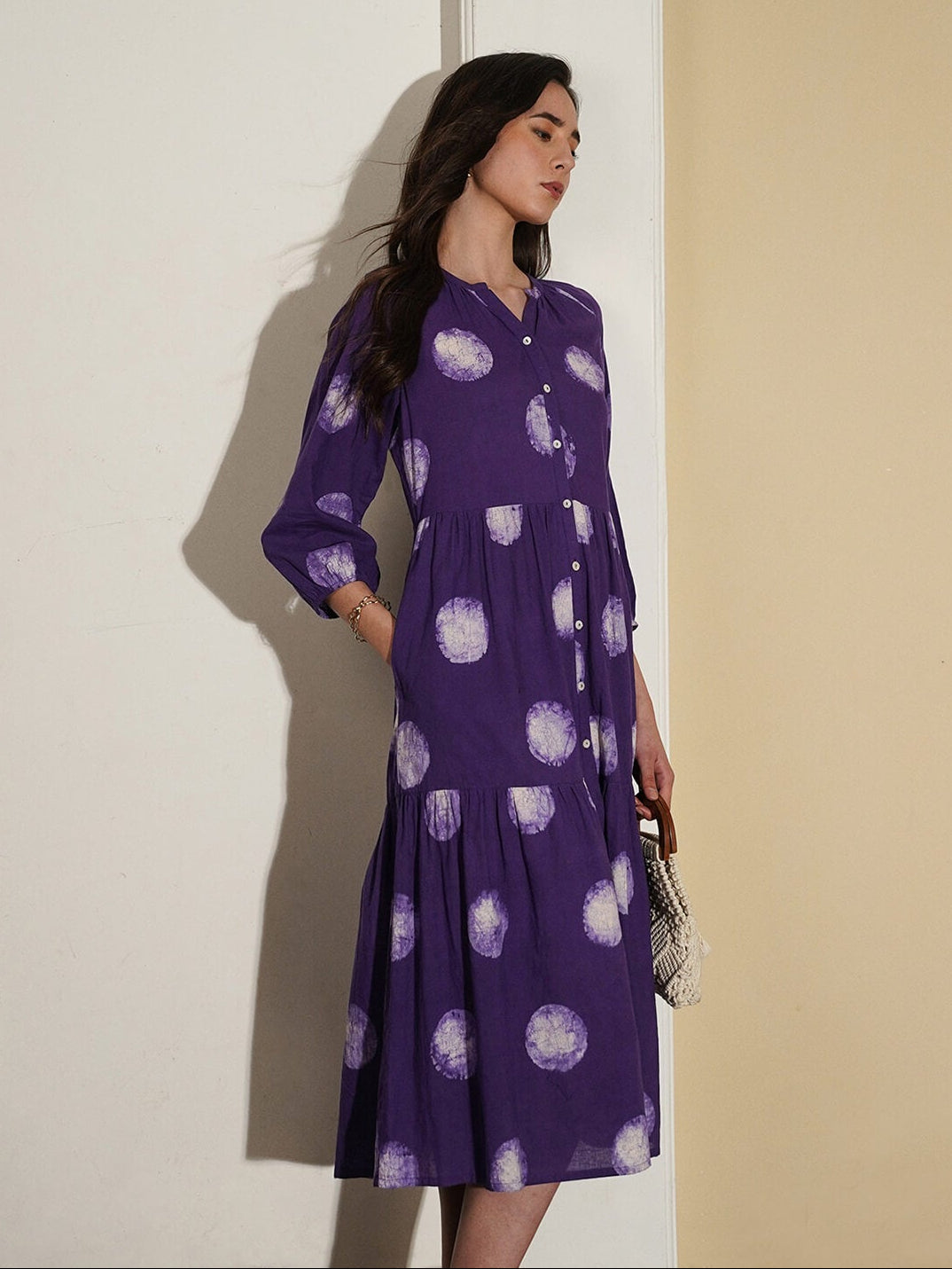Cotton Dabu Polka Dress - Purple