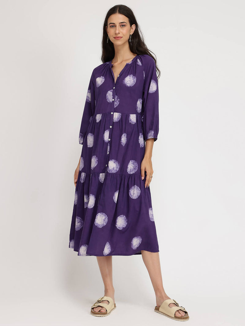 Cotton Dabu Polka Dress - Purple
