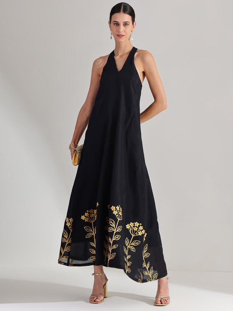 Silk Floral Statement Print Dress - Black & Gold