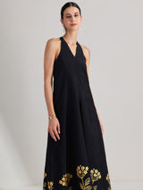 Silk Floral Statement Print Dress - Black & Gold