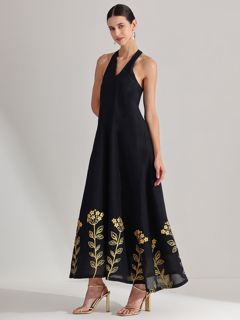 Silk Floral Statement Print Dress - Black & Gold