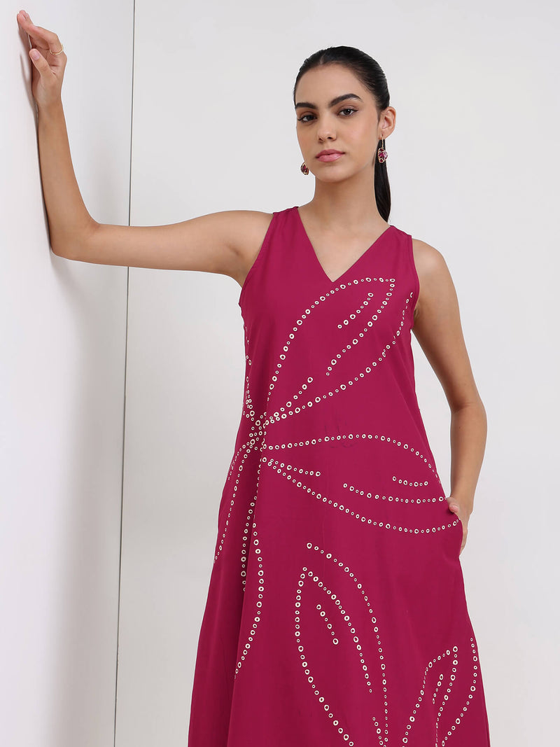 Cotton Bandhani Floral A-Line Dress - Magenta