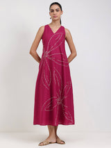 Cotton Bandhani Floral A-Line Dress - Magenta