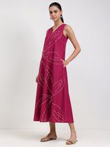Cotton Bandhani Floral A-Line Dress - Magenta