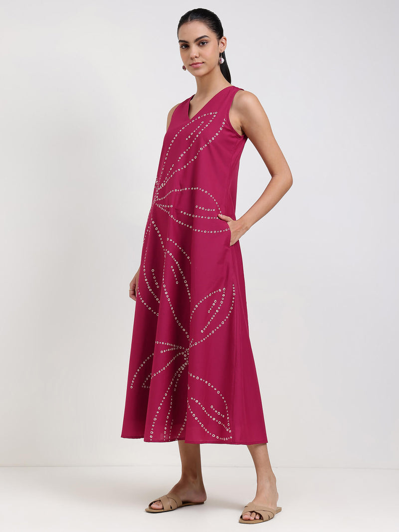 Cotton Bandhani Floral A-Line Dress - Magenta