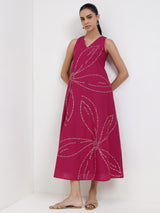 Cotton Bandhani Floral A-Line Dress - Magenta