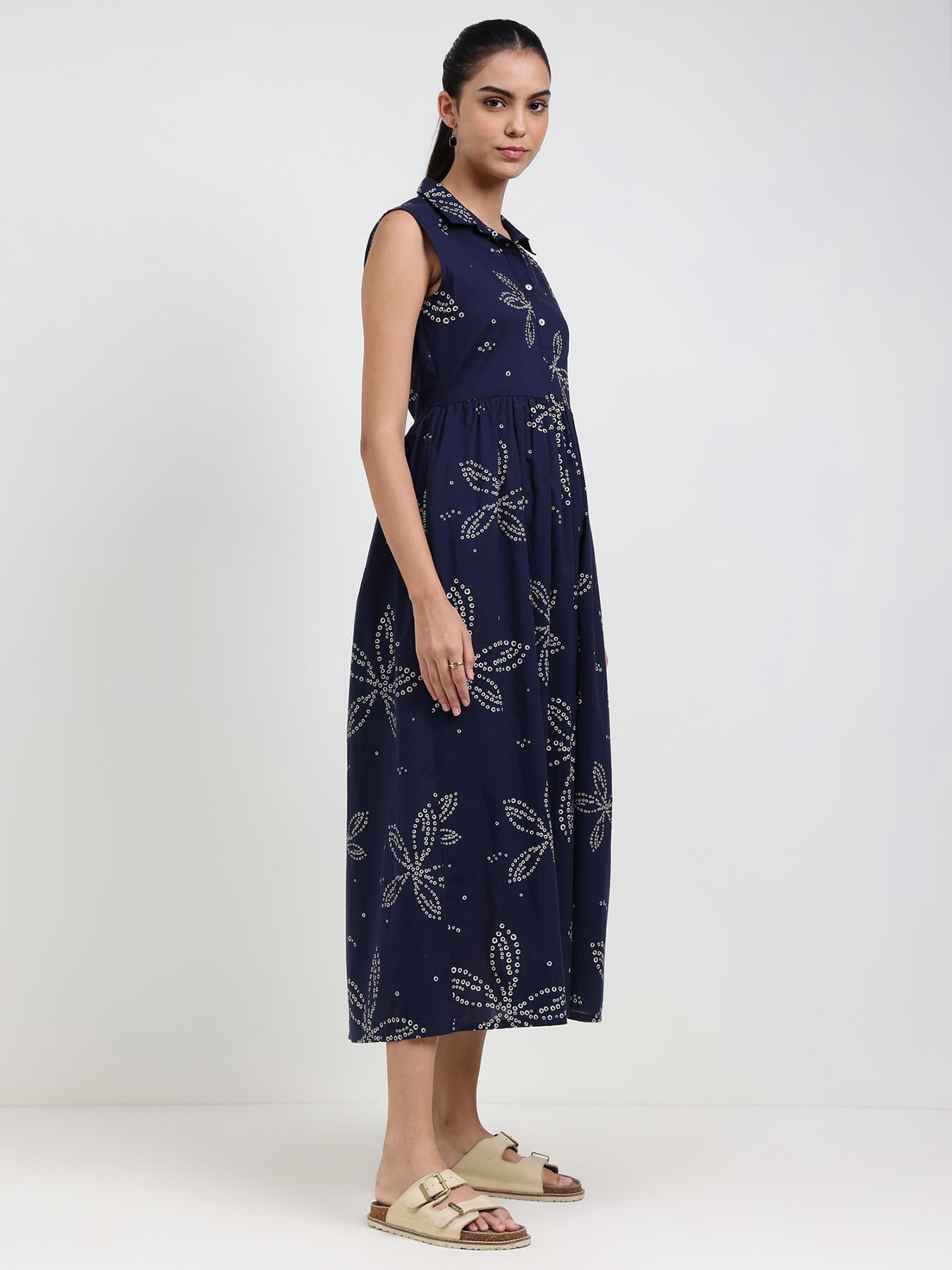 Cotton Bandhani Floral Shirt Dress - Navy Blue