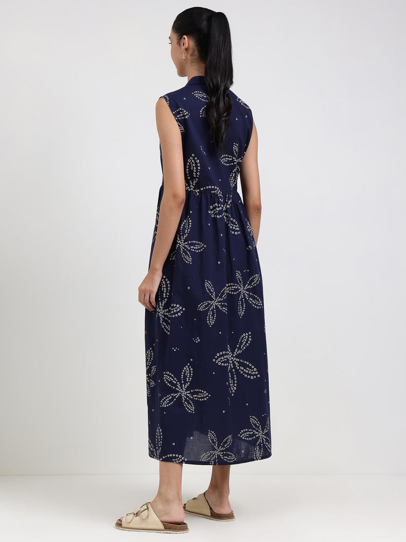Cotton Bandhani Floral Shirt Dress - Navy Blue