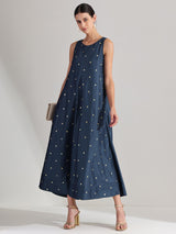 Viscose Silk Embroidered Dress - Blue