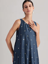 Viscose Silk Embroidered Dress - Blue