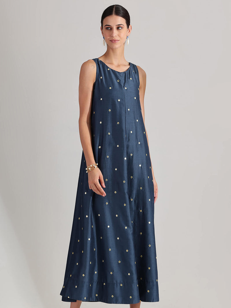 Viscose Silk Embroidered Dress - Blue
