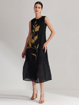 Silk Floral Statement Print Dress - Black & Gold