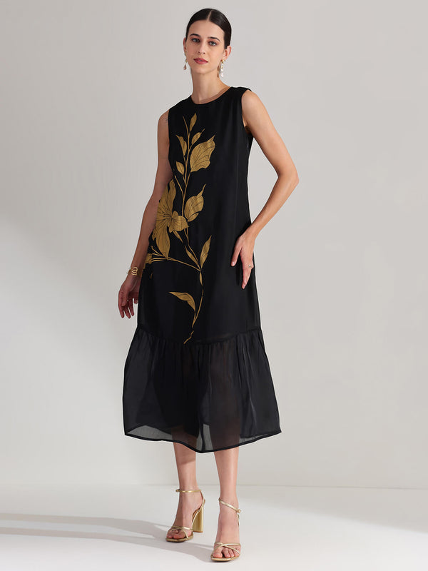 Silk Floral Statement Print Dress - Black & Gold