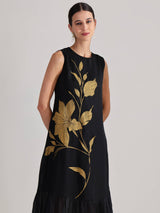Silk Floral Statement Print Dress - Black & Gold