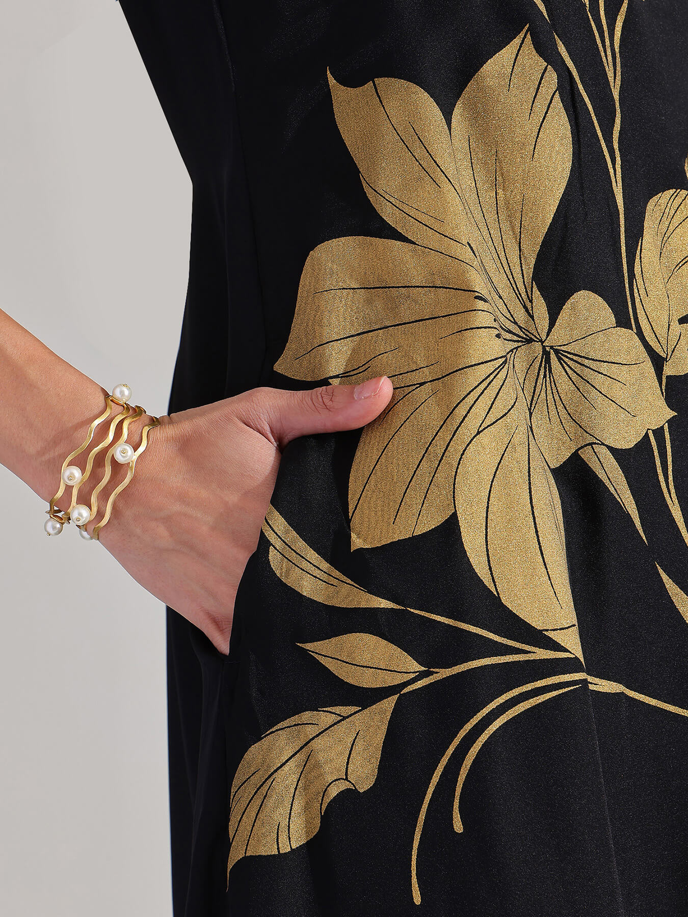 Silk Floral Statement Print Dress - Black & Gold