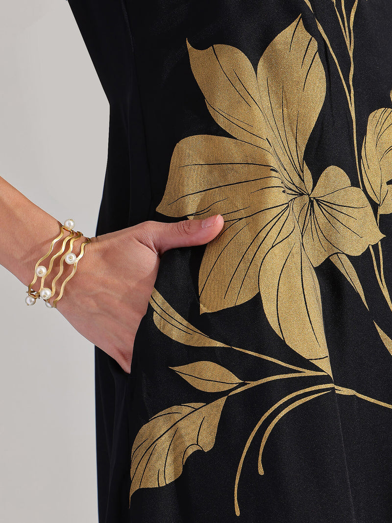 Silk Floral Statement Print Dress - Black & Gold