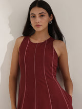 Linen Blend Colourblock A-Line Dress - Maroon