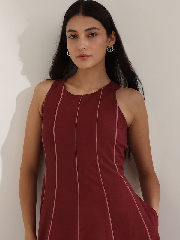 Linen Blend Colourblock A-Line Dress - Maroon