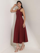 Linen Blend Colourblock A-Line Dress - Maroon