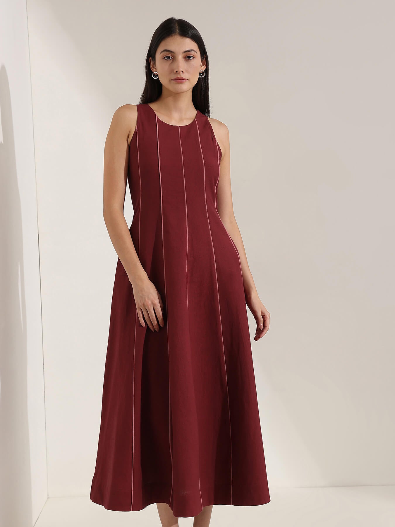 Linen Blend Colourblock A-Line Dress - Maroon