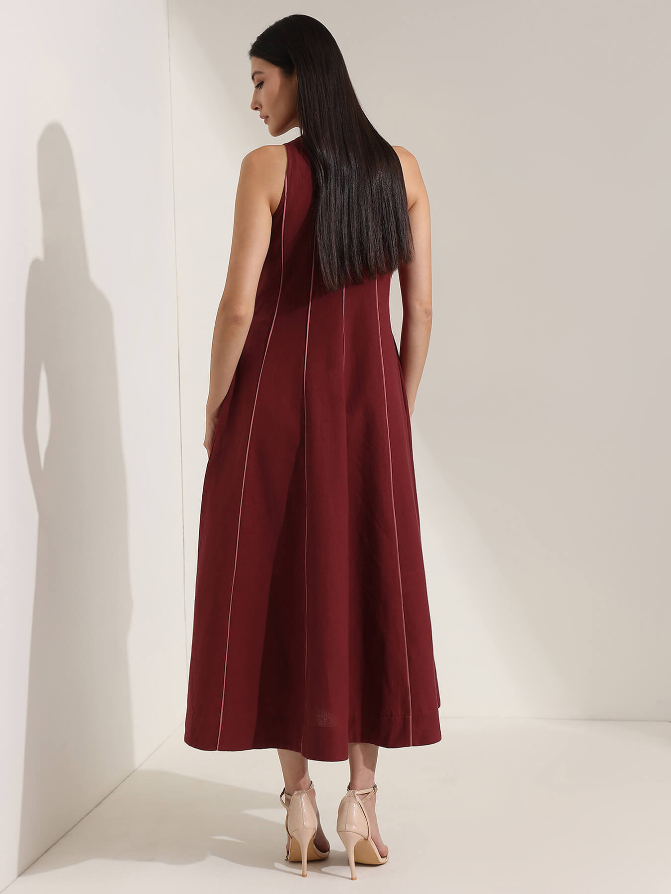 Linen Blend Colourblock A-Line Dress - Maroon