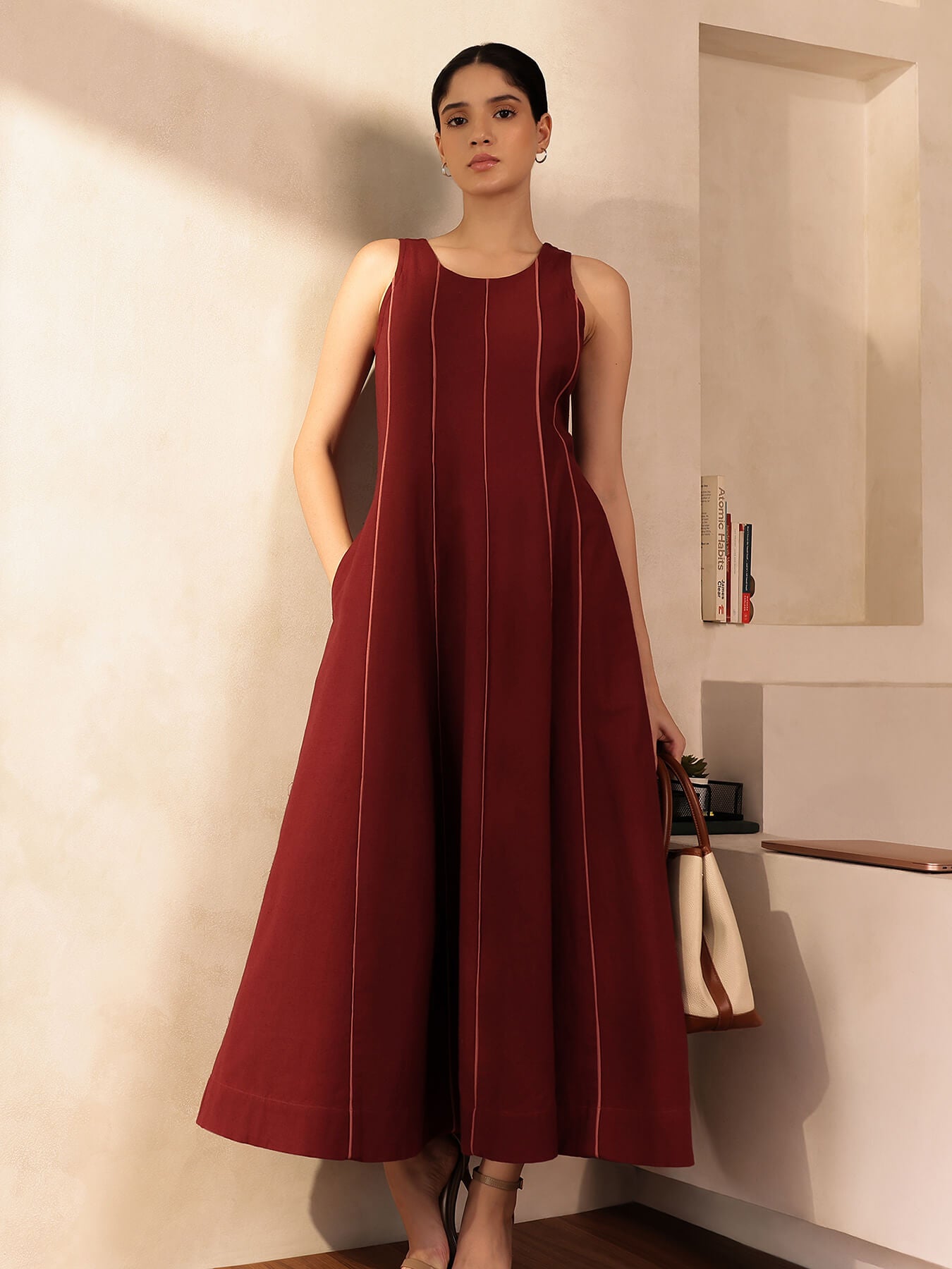 Linen Blend Colourblock A-Line Dress - Maroon