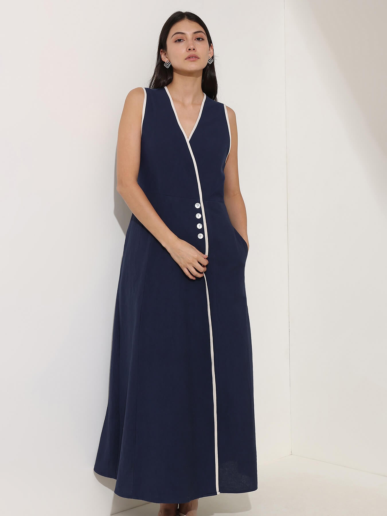 Linen Blend Colourblock A-Line Dress - Navy Blue & White