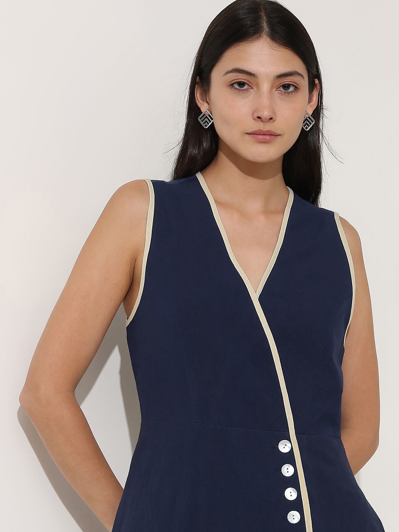 Linen Blend Colourblock A-Line Dress - Navy Blue & Beige