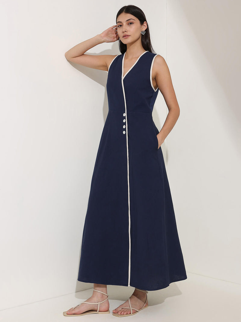 Linen Blend Colourblock A-Line Dress - Navy Blue & White