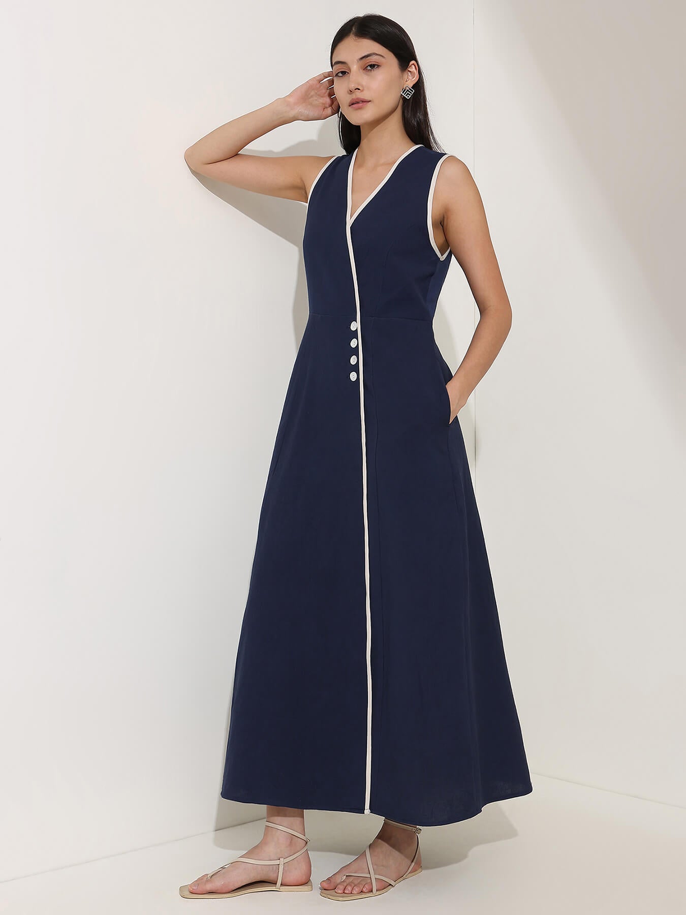 Linen Blend Colourblock A-Line Dress - Navy Blue & Beige