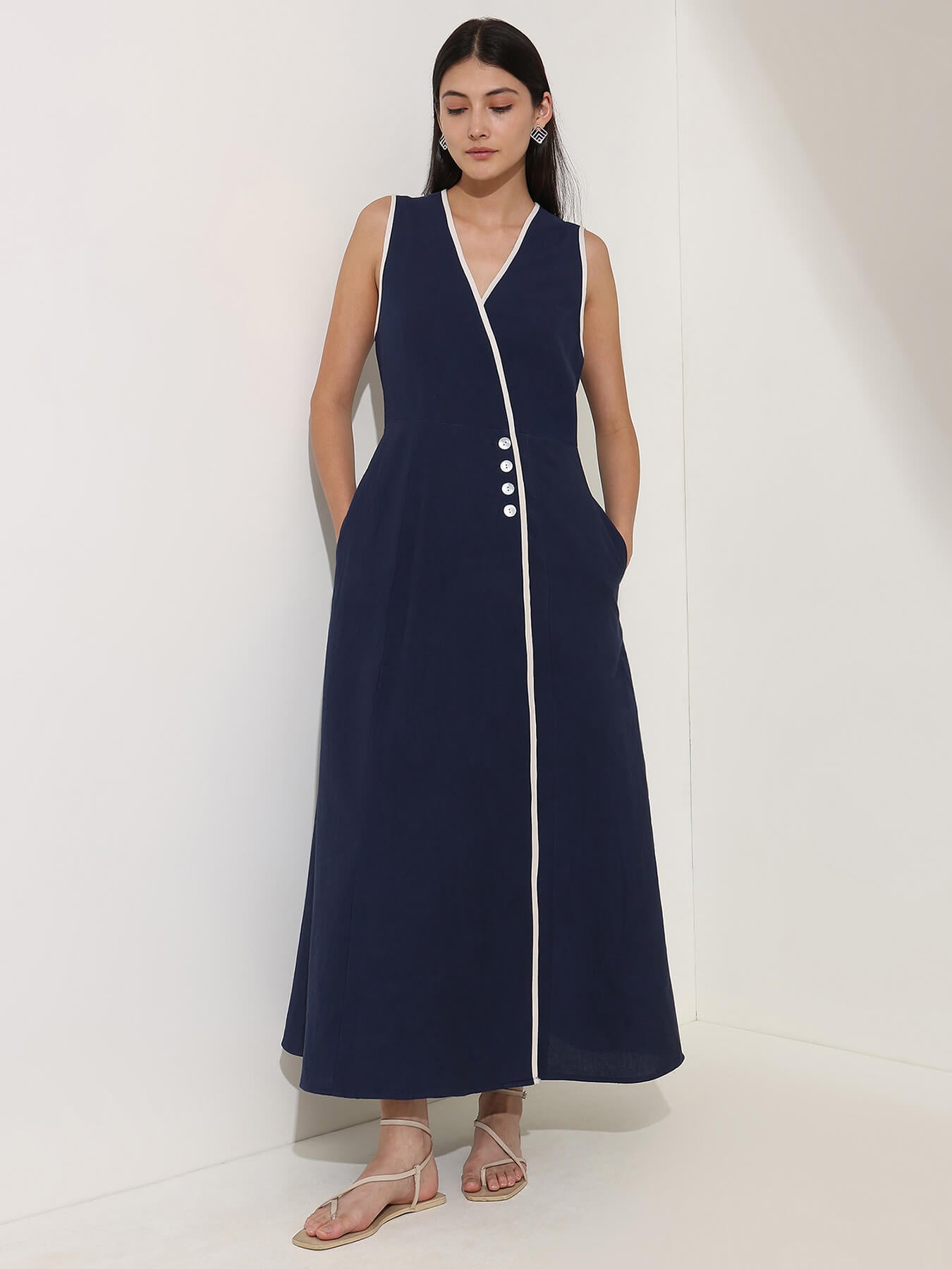 Linen Blend Colourblock A-Line Dress - Navy Blue & Beige