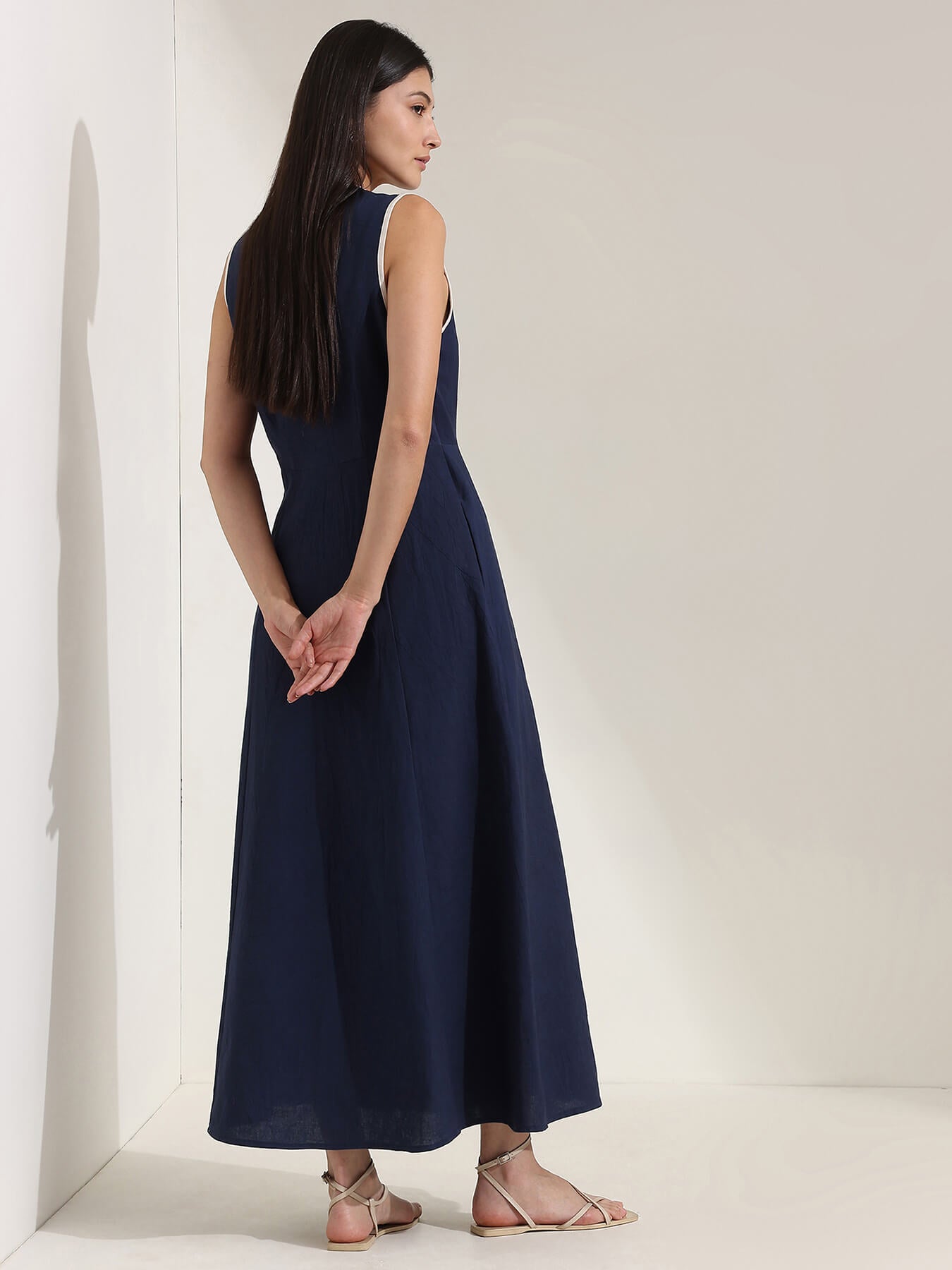 Linen Blend Colourblock A-Line Dress - Navy Blue & White