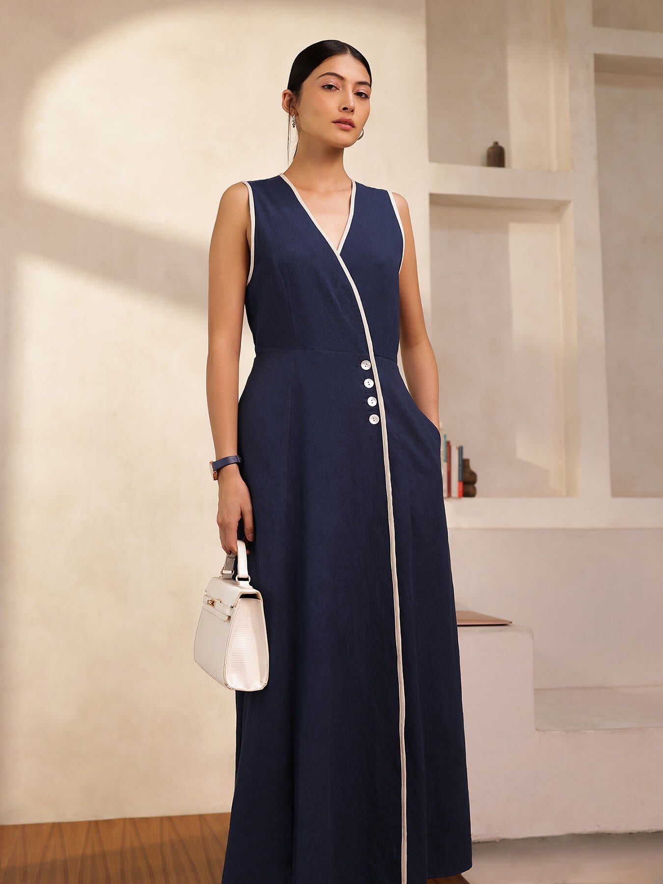 Linen Blend Colourblock A-Line Dress - Navy Blue & White