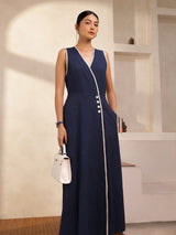 Linen Blend Colourblock A-Line Dress - Navy Blue & White