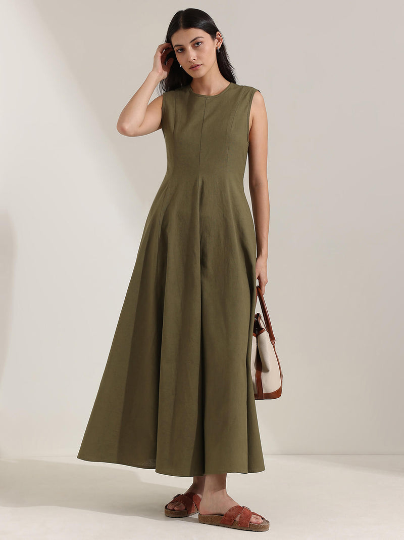 Linen Blend Solid Fit and Flare Dress - Olive